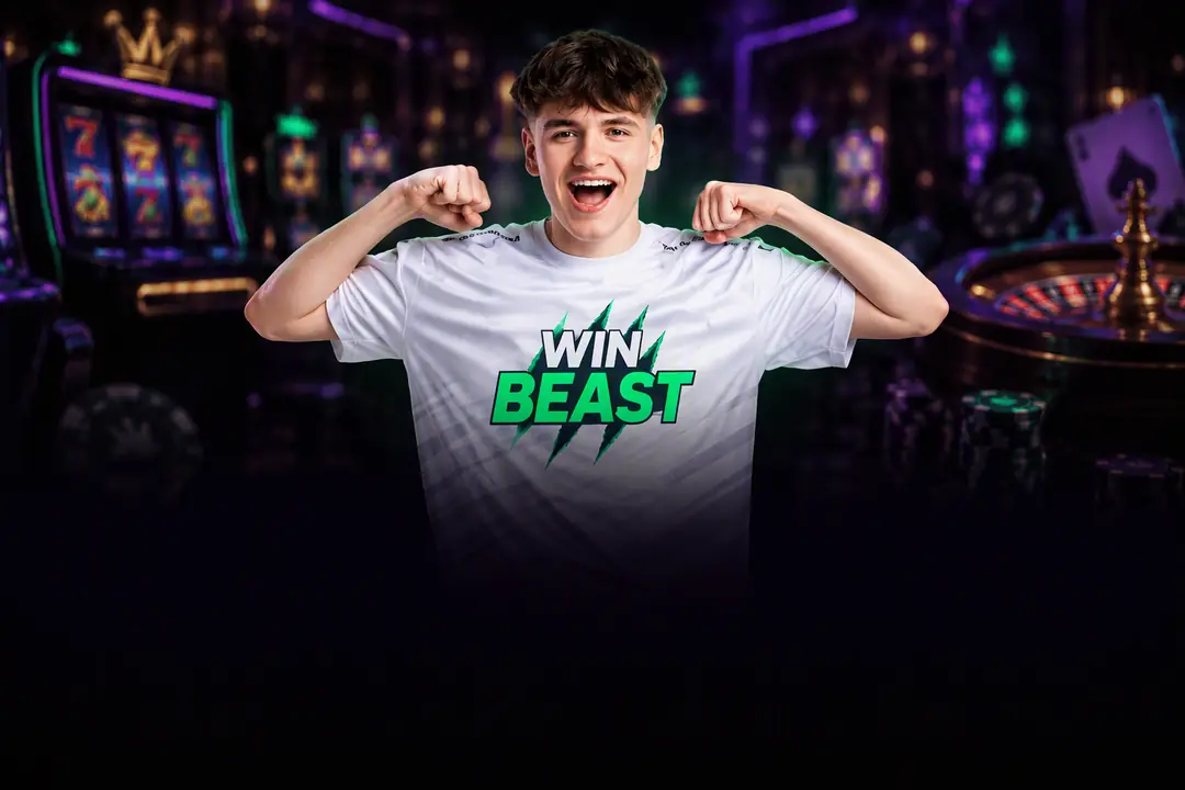 Eldos in einem WIN-BEAST-Shirt vor einem dunklen Casino-Hintergrund mit violetter Beleuchtung